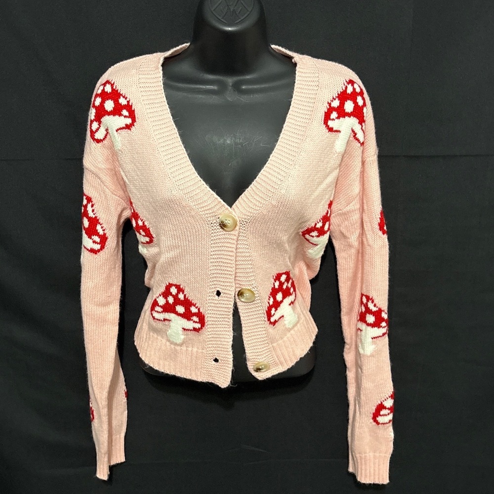 Pink Red Mushroom Knit Cardigan Sweater Womens Medium V-Neck Long Sleeve Kawaii